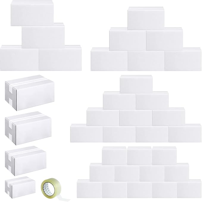 Outus 32 Pack 4 Sizes Shipping Boxes Mailers Corrugated Cardboard Box Kraft Mailing Boxes Small Packing Box with Packaging Tape for Shipping Packing Mailing (White)