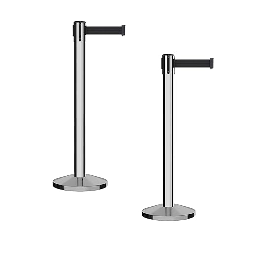 Crowd Control Warehouse CCW Series RBB-150 - Set of 2 Stanchion Retractable Belt Barriers - 16 Foot, Black Belt with Polished Stainless Steel Post - Easy Assembly