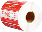 Restaurantware Label Tek 3 x 2 Inch Packaging Stickers 500 Premium Shipping Labels - Handle with Care Sustainable Red and White Paper Inventory Stickers High-Visibility with Strong Adhesives