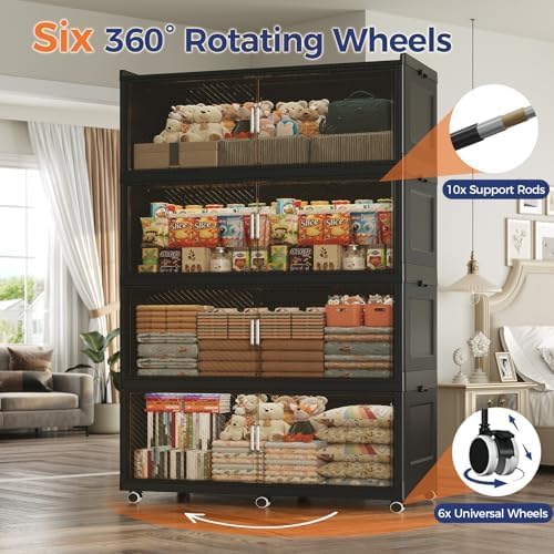 320Gal Extra Large Stackable Storage Bins with Lid, 1280Qt Collapsible Storage Box with Wheels, Closet Organizers and Storage Cabinet Container for Home, Kitchen, Office, Bedroom, 4Pack Black