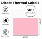 3" x 2" Thermal Labels Stickers Pink, Thermal Printer Shipping Stickers, Multipurpose Inventory Self-Adhesive Direct Thermal Label for Small Business (500 Labels/Roll)