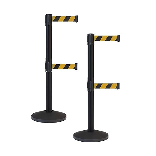 Crowd Control Warehouse CCW Series RBB-100D Set of 2 Stanchion Retractable Belt Barriers - Sloped Base, 7.5 Foot, Black and Yellow Diagonal Dual Belt with Black Post - Easy Assembly