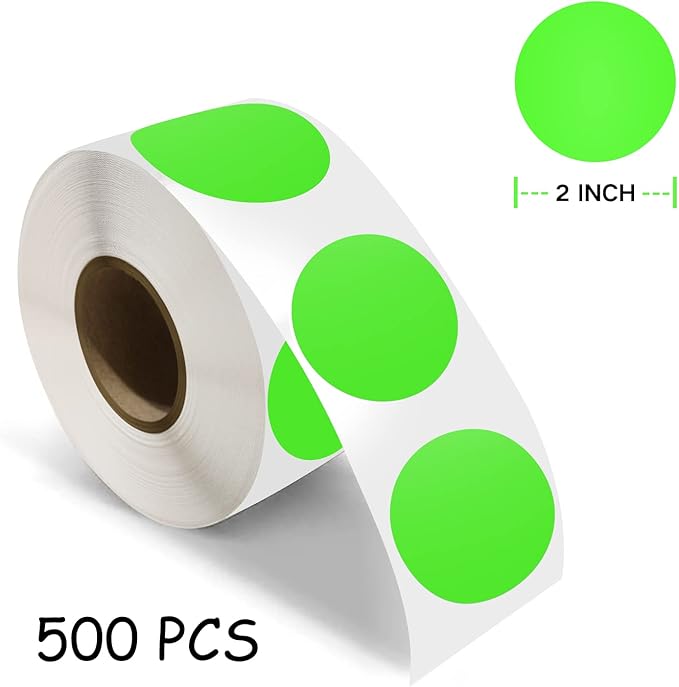 500 PCS Dot Sticker Tape 2" Inch Round Color Coding Labels Removable Writable Circle Floor Decal for Marking Organizing Social Distancing Fluorescent Green