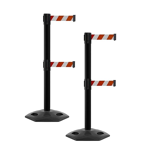 CCW Series WBB-200D - Set of 2 Retractable Dual Belt Barrier Stanchion, Heavy Duty Rubber Base, Black Post (9 Foot Belt, Red and White Diagonal Belt)