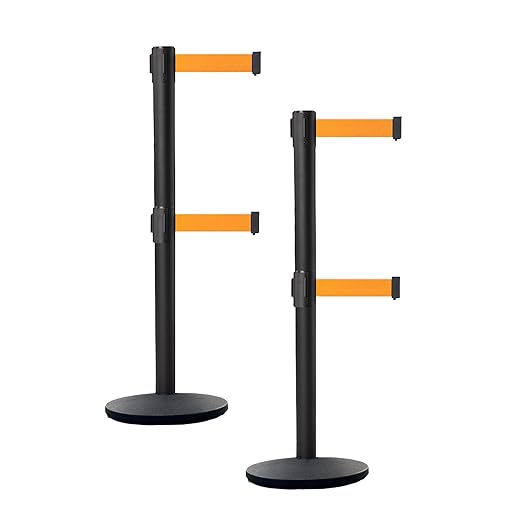 Crowd Control Warehouse CCW Set of 2 Dual Retractable Belt Barrier Stanchion, Cast Iron Base Black Post, IRBB-100D (9 Belt, Fluorescent Orange Belt)