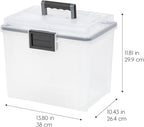 IRIS USA File Box WeatherPro Portable File Organizer Plastic File Box for Letter File w/Organizer-Lid, Durable Lid and Gasket Seal, Secure Latching Buckles, Stackable, Lockable, Clear 19 Qt. 4 Pack