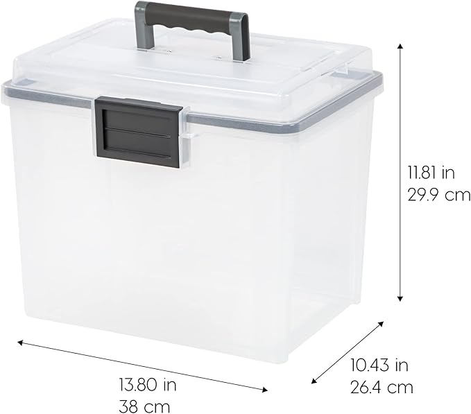 IRIS USA File Box WeatherPro Portable File Organizer Plastic File Box for Letter File w/Organizer-Lid, Durable Lid and Gasket Seal, Secure Latching Buckles, Stackable, Lockable, Clear 19 Qt. 4 Pack