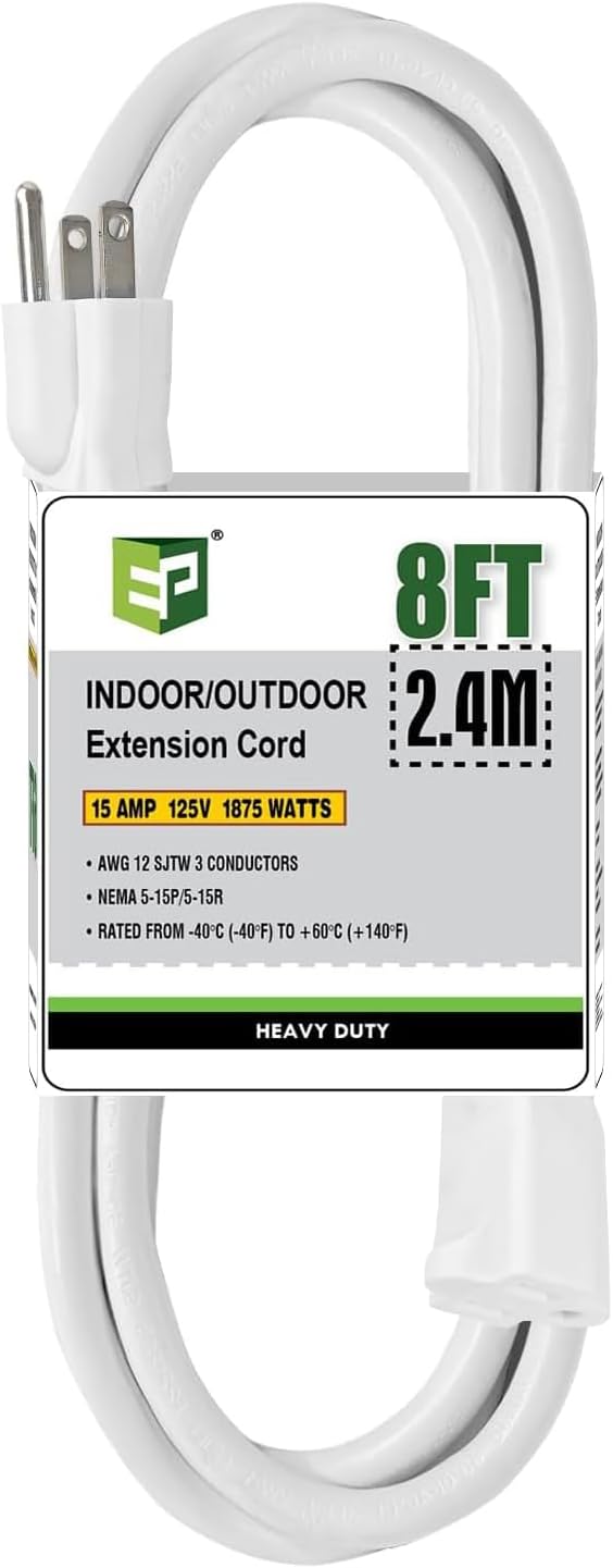 EP 8 Ft Outdoor Extension Cord, 12/3 SJTW Heavy Duty Extension Cable with 3 Prong Grounded Plug, 15 AMP Power Cord for Lawn, Garden, Appliances, White