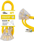 3-Outlets Indoor Outdoor Extension Cord Weatherproof with Lighted End, UL Listed, 10 Gauge 6FT Yellow 3 Prong Heavy Duty, 10/3 SJTW 15A Power Cord
