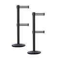 Crowd Control Warehouse CCW Set of 2 Dual Retractable Belt Barrier Stanchion, Cast Iron Base Black Post, IRBB-100D (9 Belt, Black with White Horizontal Stripe Belt)