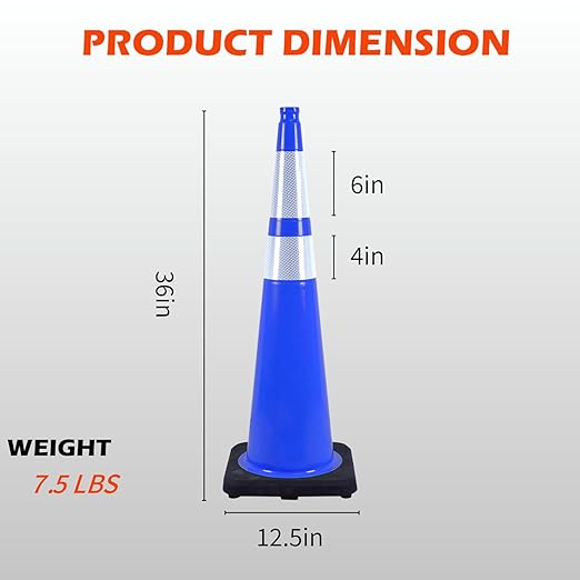 6 Pack 36 Inch Blue Heavy Duty PVC Cones with Stable Black Base, Professional Traffic Management, Parking Lots, Highway Safety, Work Sites (6, Blue, 36 Inch)