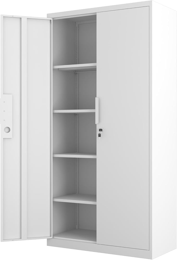 Metal Garage Storage Cabinet with Lock, 71" Tall Steel Storage Locker with 4 Adjustable Shelves, Heavy Duty Metal Cabinet for Garage, Office, Home, 31.5”W × 16.5”D, White