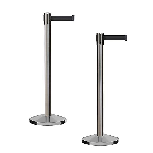 CCW Series RBB-100 - Set of 2 Stanchion Retractable Belt Barriers (7.5 Foot Belt, Black Belt with Satin Stainless Steel Post)