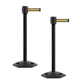 Montour Line MSR760 Set of 2 Retractable Belt Barrier Stanchion, Rubber Base, Black Powder Coated Post (35 ft Black with Yellow Horizontal Stripe Belt)