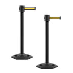 Montour Line MSR760 Set of 2 Retractable Belt Barrier Stanchion, Rubber Base, Black Powder Coated Post (35 ft Black with Yellow Horizontal Stripe Belt)