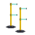 CCW Series WBB-200D - Set of 2 Retractable Dual Belt Stanchion Safety Barrier, Heavy-Duty Rubber Base Yellow Post (11 Foot Belt, Light Green Belt)