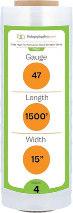 PSBM Stretch Wrap, 4 Pack, 15 Inch x 1500 Feet, 80 Gauge, Clear Plastic Cling, Cast Hand Stretch Film Rolls for Packaging Moving Packing Pallets
