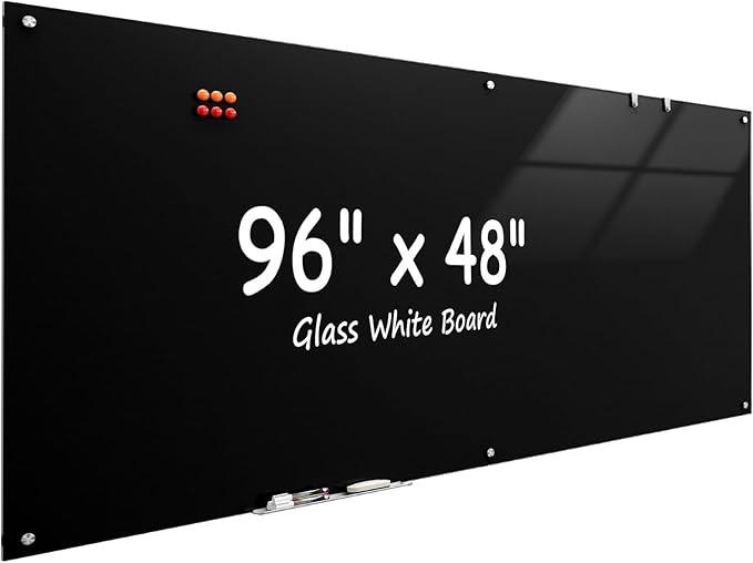 MaxGear Glass Whiteboard 96x48 Inches Wall Mounted, Magnetic Black Dry Erase Board with 1 Eraser, 1 Accessory Tray, 4 Markers and 6 Magnets, Extra Large Frameless White Board for Office, School, Home