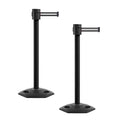 Montour Line MSR760 Set of 2 Retractable Belt Barrier Stanchion, Rubber Base, Black Powder Coated Post (35 ft Black with White Horizontal Stripe Belt)