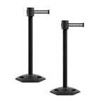 Montour Line MSR760 Set of 2 Retractable Belt Barrier Stanchion, Rubber Base, Black Powder Coated Post (35 ft Black with White Horizontal Stripe Belt)