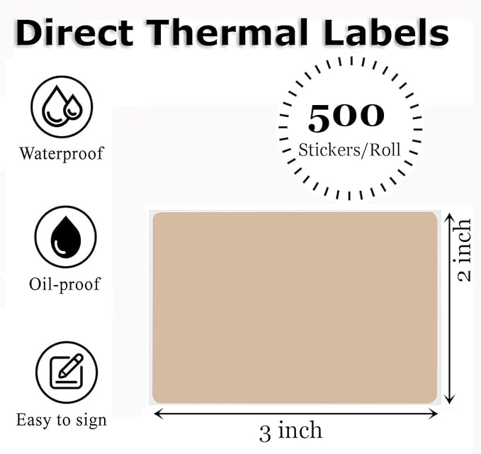 3" x 2" Thermal Labels Stickers Brown, Thermal Printer Shipping Stickers, Multipurpose Inventory Self-Adhesive Direct Thermal Label for Small Business (500 Labels/Roll)