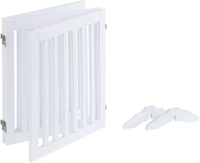 unipaws 24”H Free Standing Pet Gate for Dog Cat, Wooden Gates for Doorway, Stairs, Step Over Foldable Pet Fence for The House, Expandable Dog Barrier, Indoor Use, White