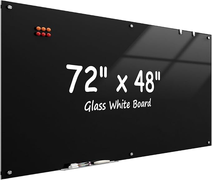 MaxGear Glass Whiteboard 72" x 48"(6' x 4') Wall Mounted, Magnetic Black Dry Erase Board with 1 Eraser, 1 Accessory Tray, 4 Markers and 6 Magnets, Extra Large Frameless Board for Office, School, Home