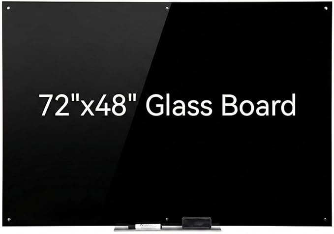 72" x 48" Black Extra Large Glass Whiteboard 6' x 4' Frameless Tempered Black Dry Erase Board with Marker Tray for Interactive Office, Wall Mounted Frosted Glass White Board