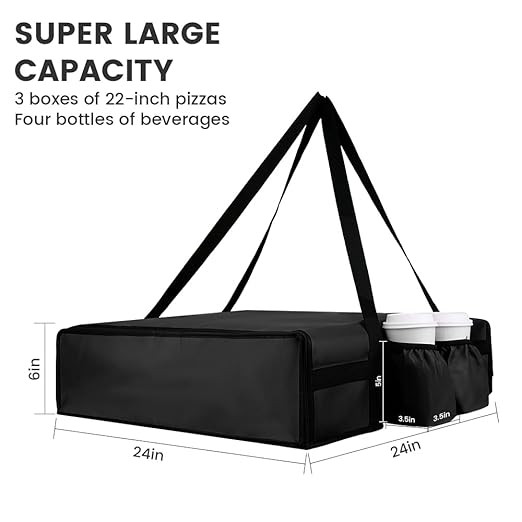 Insulated Pizza Delivery Bag with 4 Cup Holders, 24" x 6" Pizza Warmer Bag for Hot Pizza/Drinks, Pizza Carrier for Events, Large Food Delivery Carrier for Transport/Shopping/Catering, Black