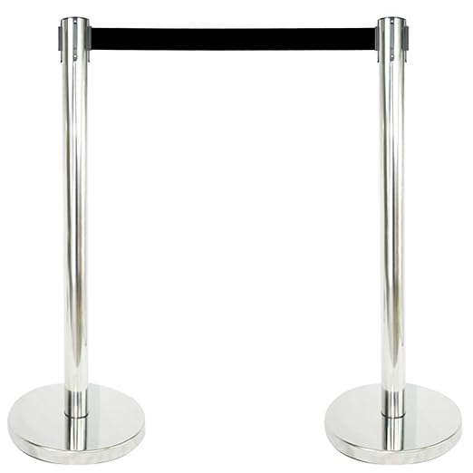 VIP Crowd Control Retractable Belt Stanchion Queue Safety Barrier Set, 36" Ht, 78" Belt + Wall Bracket (6 Mirror Posts Black Belt + SFrame + WBracket)