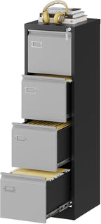 File Cabinets - 4 Drawers Vertical 17.8" Deep Lockable Filing Cabinet - Black & Gray Metal Storage Cabinets for Home Office to Hanging Files Letter/Legal/F4/A4 Size