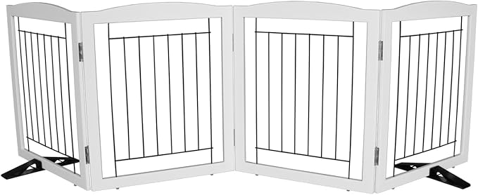 Dog Fence Indoor - 4-Panel Freestanding Dog Gate for Doorways, Hallways, House or Stairs -80x24-Inch Retractable Foldable Expandable Wood Pet by SFJC (White)