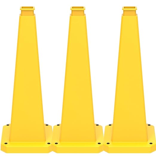 BESEA 3 Pack 28" Bright Yellow Traffic Safety Cones with Weighted Base, High-Visibility Parking Cones for Driveways, Business Parking Lots, Garages, Indoor/Outdoor Use