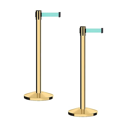 CCW Series RBB-100 - Set of 2 Stanchion Retractable Belt Barriers (9 Foot Belt, Light Green Belt with Polished Brass Post)