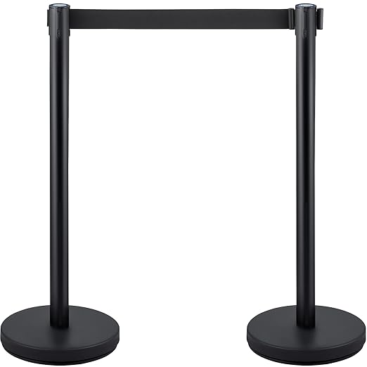 VEVOR Crowd Control Stanchion Set, Stanchion Set with 6.6 ft/2 m Black Retractable Belt, Black Crowd Control Barrier w/Concrete and Metal Base - Easy Connect Assembly (4)