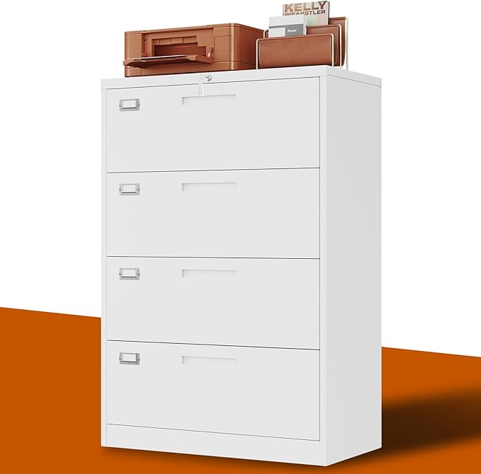 4 Drawer File Cabinet with Lock Metal Lateral File Storage Cabinet Office Home Steel Lateral File Cabinet for A4 Legal/Letter Size Wide File Cabinet Locked,Assembly Required (4 Drawer, White)