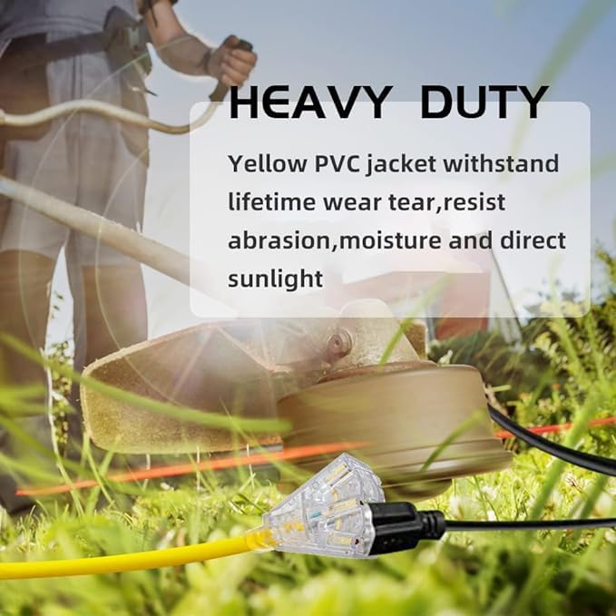 3-Outlets Indoor Outdoor Extension Cord Weatherproof with Lighted End, UL Listed, 10 Gauge 6FT Yellow 3 Prong Heavy Duty, 10/3 SJTW 15A Power Cord