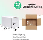PETAFLOP Cardboard Boxes 6x4x4 Shipping Boxes White Kraft Corrugated Small Mailer Boxes, 25 Pack