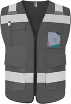 TCCFCCT Safety Vest for Men Women 5 Pockets Reflective Vest with Reinforced Zipper, High Visibility Construction Work Vest with Tabs for Walkie-talkie, Durable to Use, Meets ANSI/ISEA, Grey, 5XL