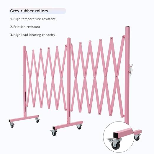 GYMTIME Expandable Metal Barricade, Flexible Mobile Safety Barrier, Folding Security Gate with Casters, Adjustable Traffic Temporary Fence for School, Shopping Mall, 16 Feet, Pale Pink