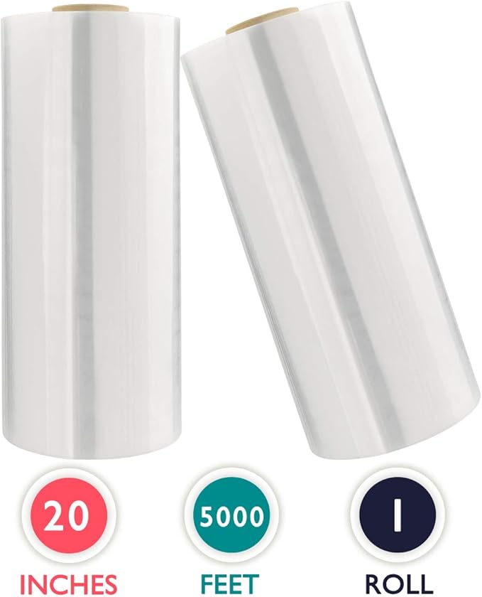 20" x 5000 Ft Machine Stretch Wrap, 63 Gauge Industrial Strength Pallet Wrap, Clear 1 Roll