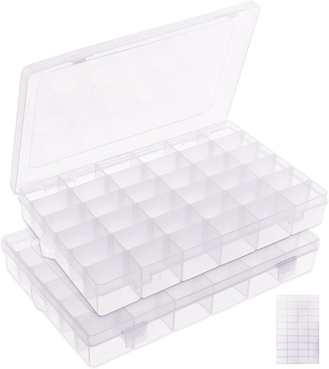 2 Pack 36 Grids Bead Organizer Box, Plastic Craft Organizers and Storage with Adjustable Dividers, Screw, Parts & Tackle Box for Jewelry Making, Art Supplies and Rock Display Case
