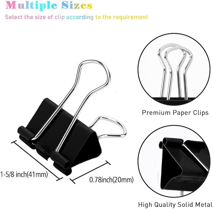 Black Binder Clips, 72 Pack, Non-Standard 41mm, 1.6 Inch, Large Clips, Capacity 0.66 Inch, Paper Clips, Office Clips, Office and School Supplies