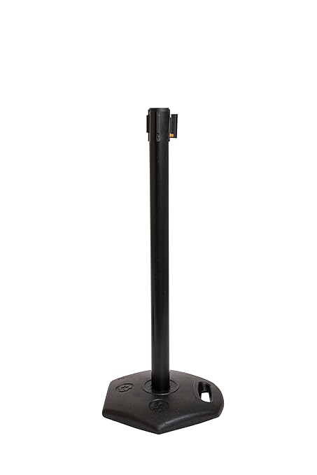 Xpress Safety Stanchion– 11’ Premium Polyester Belt, Universal 4-Way Connection, Rubber Base, Handle, 40” Height, 21 lbs – (Outdoor Black Post, Rubber Base, 11’ Chevron Yellow/Black Webbing)