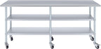 AmGood Stainless Steel Work Table with 2 Shelves and Casters | Metal Utility Table On Wheels (Stainless Steel Work Table with 2 Shelves + Casters, 84" Long x 18" Deep)