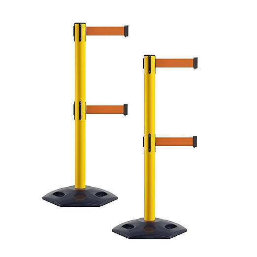 Crowd Control Warehouse CCW Set of 2 Retractable Dual Belt Stanchion Safety Barrier, Heavy-Duty Rubber Base Yellow Post, WBB-200D (7.5 Foot Belt, Orange Belt)
