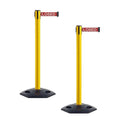 CCW Series WBB-200 Set of 2 Outdoor Safety Rubber Base Stanchion Retractable Belt Barriers - Easy to Assemble (11 Foot Belt, Red"This LINE is Closed" White Letters Belt with Yellow Post)