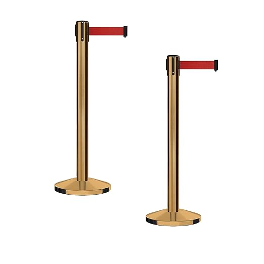 Crowd Control Warehouse CCW Series RBB-150 - Set of 2 Stanchion Retractable Belt Barriers - 16 Foot, Red Belt with Satin Brass Steel Post - Easy Assembly