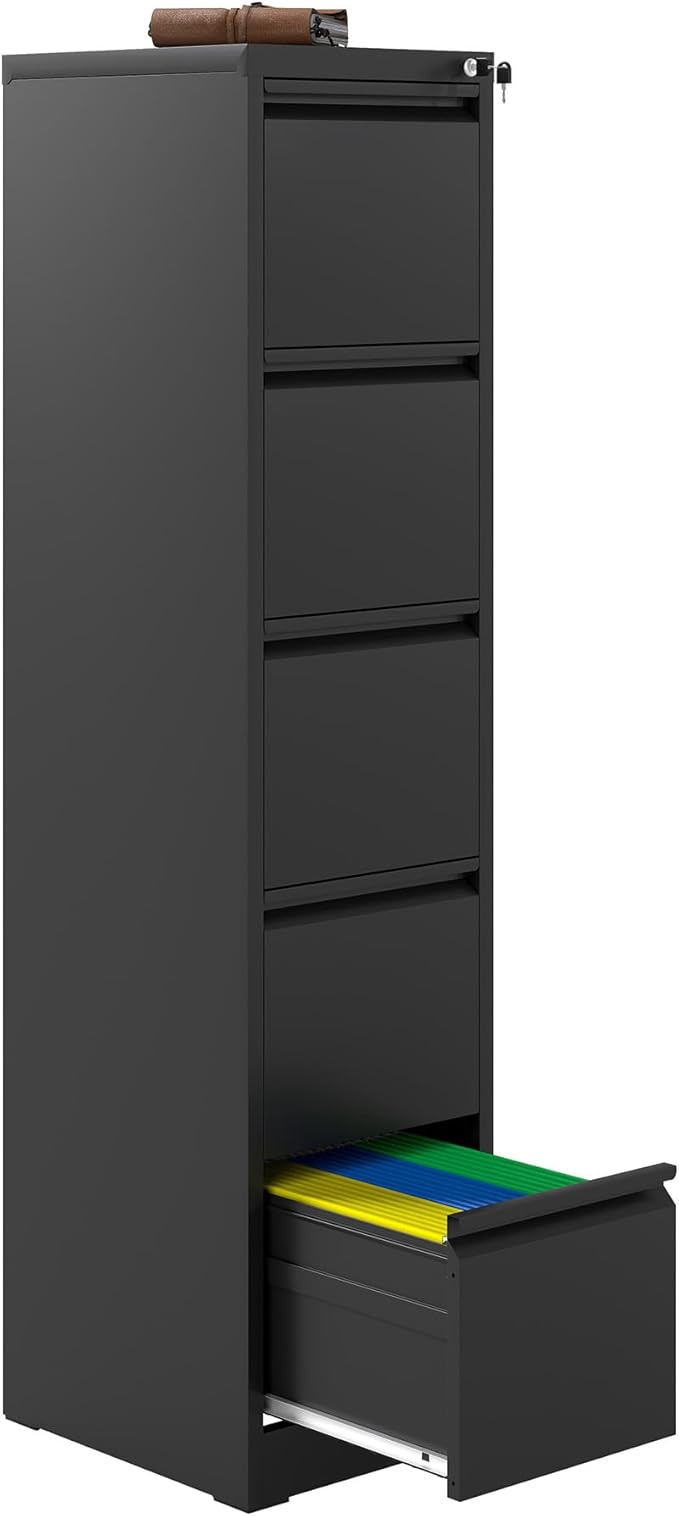 5 Drawer File Cabinet with Lock, Vertical Filing Cabinets for Home Office, Metal Storage Cabinets, Heavy Duty File Cabinet for Letter/Legal/A4/F4 Size Amssebly Required, Black