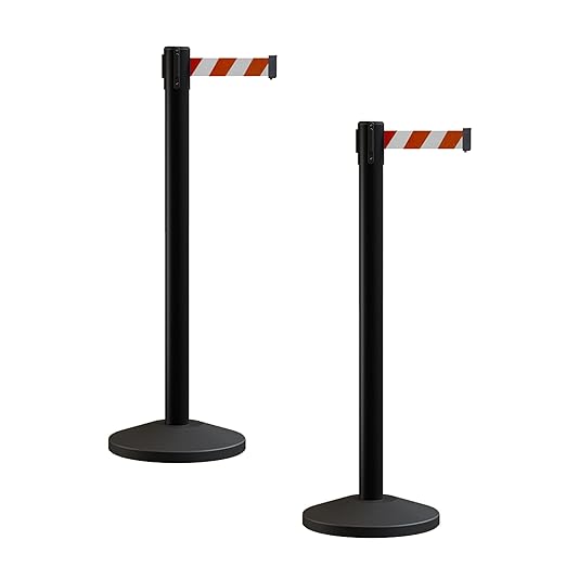 Crowd Control Warehouse CCW Series RBB-100 - Set of 2 Stanchion Retractable Belt Barriers - 9 Foot, Red and White Diagonal Belt with Black Post - Easy Assembly
